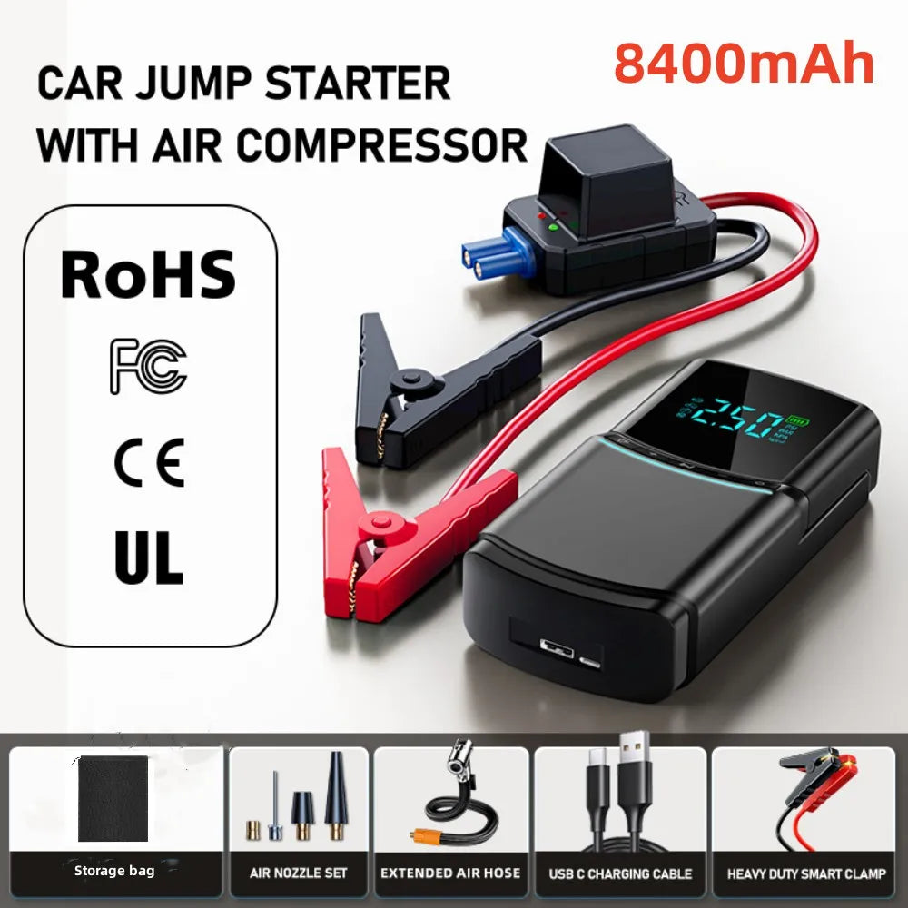 Recommended Vehicle Safety Tools: 4 in 1 Car Jump Starter Flat Tire Air Pump 150PSI Air Compressor 10400mAh Peak Current 2000A Starter Device