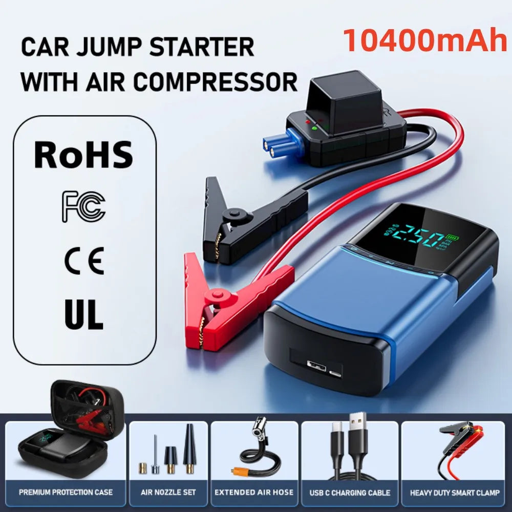 Recommended Vehicle Safety Tools: 4 in 1 Car Jump Starter Flat Tire Air Pump 150PSI Air Compressor 10400mAh Peak Current 2000A Starter Device