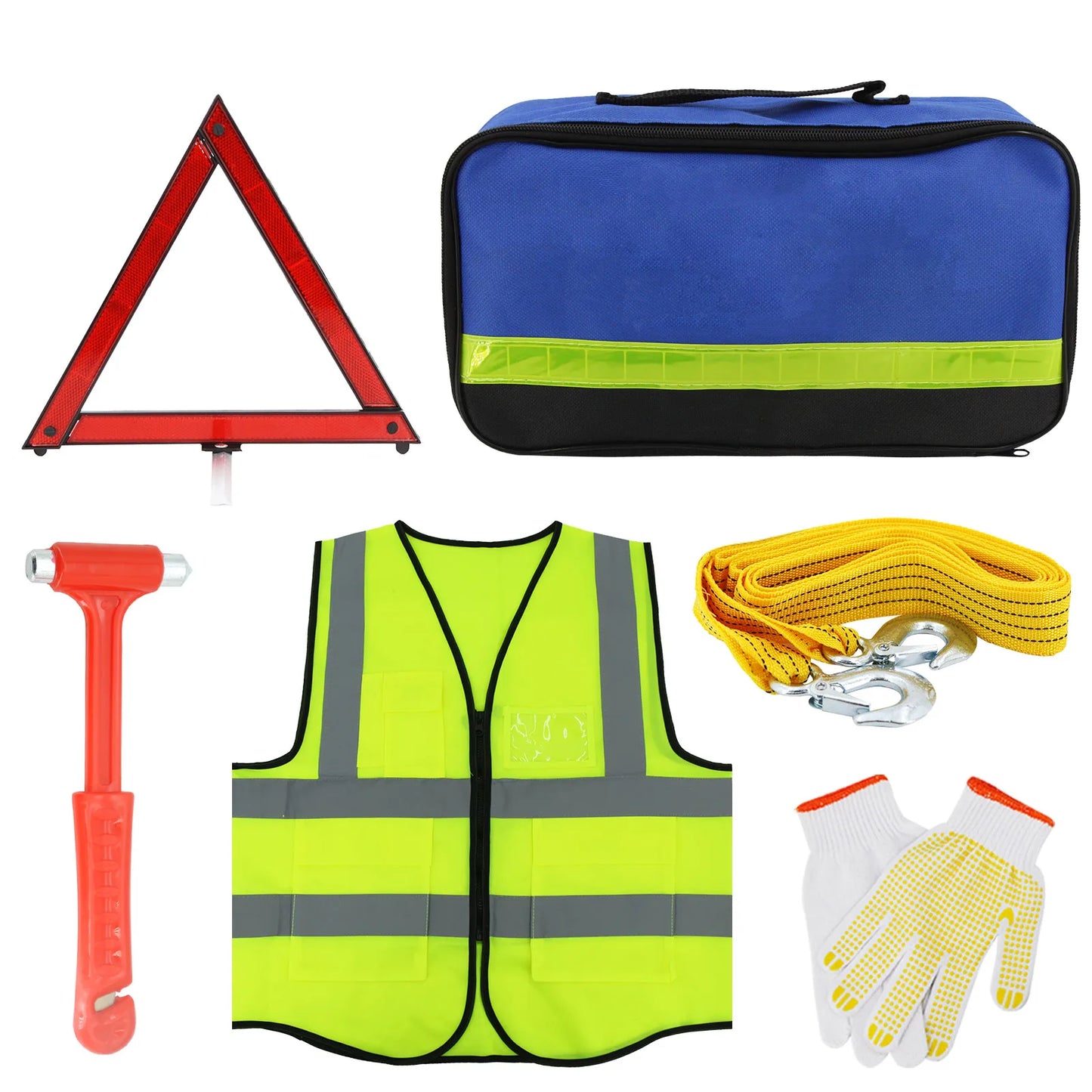 Recommended Vehicle Safety Tools: Car Emergency Roadside Assistance Kit Jumper Cable Tow Strap First Aid Supplies Multipurpose Pack motorist self-defense tool