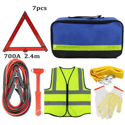 Recommended Vehicle Safety Tools: Car Emergency Roadside Assistance Kit Jumper Cable Tow Strap First Aid Supplies Multipurpose Pack motorist self-defense tool