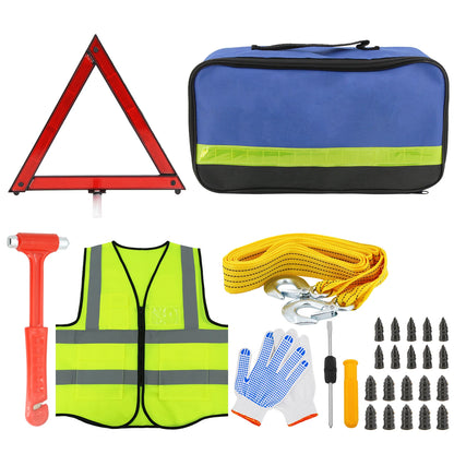 Recommended Vehicle Safety Tools: Car Emergency Roadside Assistance Kit Jumper Cable Tow Strap First Aid Supplies Multipurpose Pack motorist self-defense tool