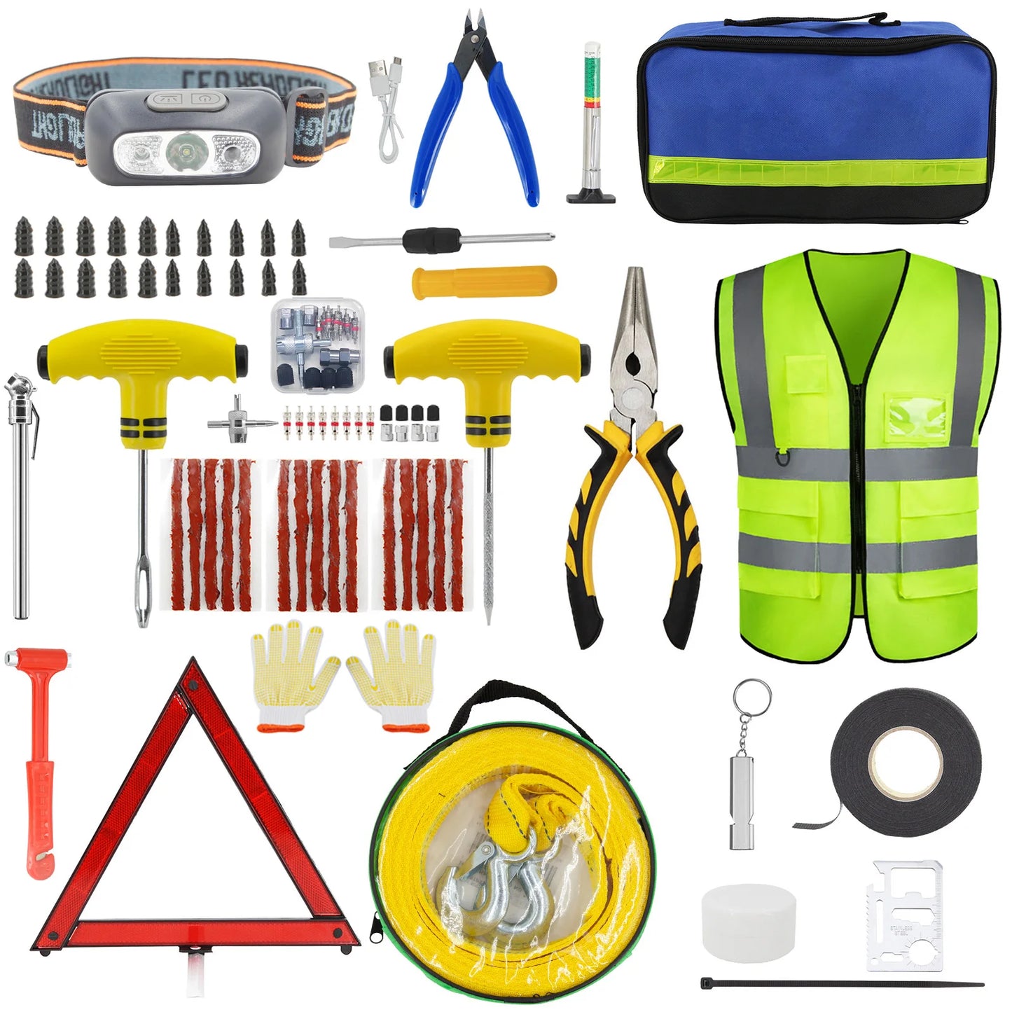 Recommended Vehicle Safety Tools: Car Emergency Roadside Assistance Kit Jumper Cable Tow Strap First Aid Supplies Multipurpose Pack motorist self-defense tool