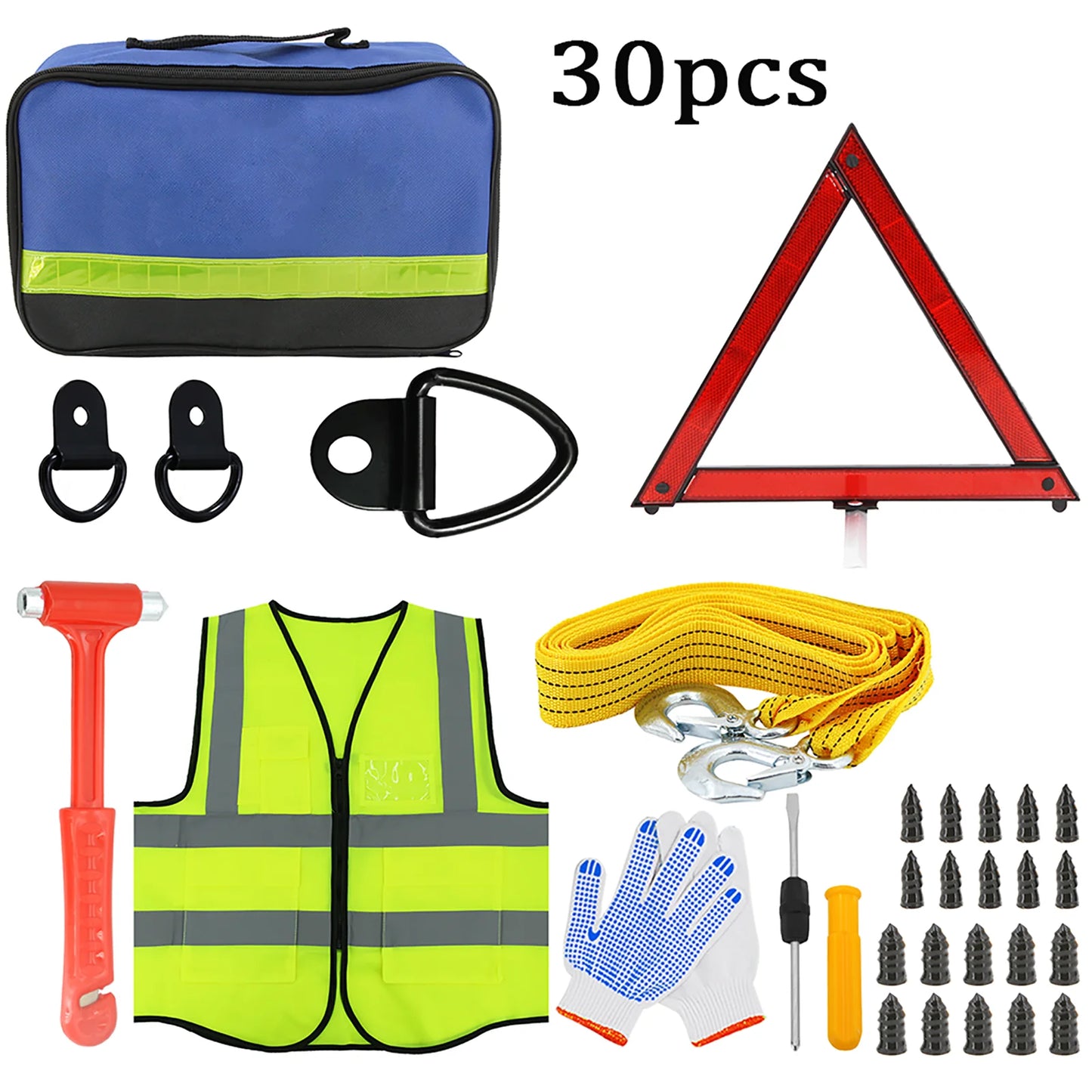 Recommended Vehicle Safety Tools: Car Emergency Roadside Assistance Kit Jumper Cable Tow Strap First Aid Supplies Multipurpose Pack motorist self-defense tool